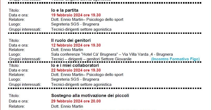 Incontri formativi settore giovanile 2024
